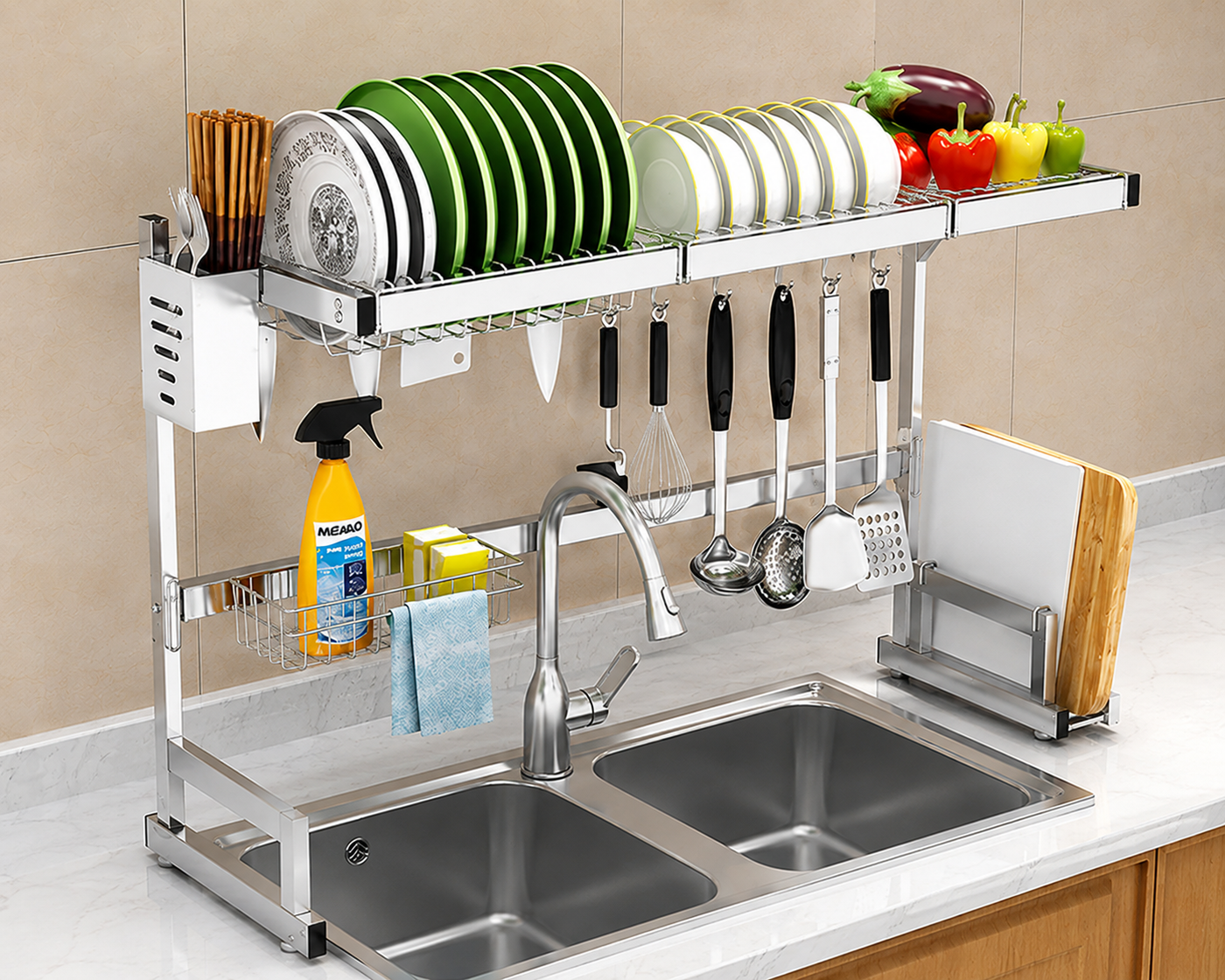 95CM Large Multi-Function Dish Drying Rack – Heavy-Duty Stainless Steel Kitchen Sink Organizer & Countertop Space Saver