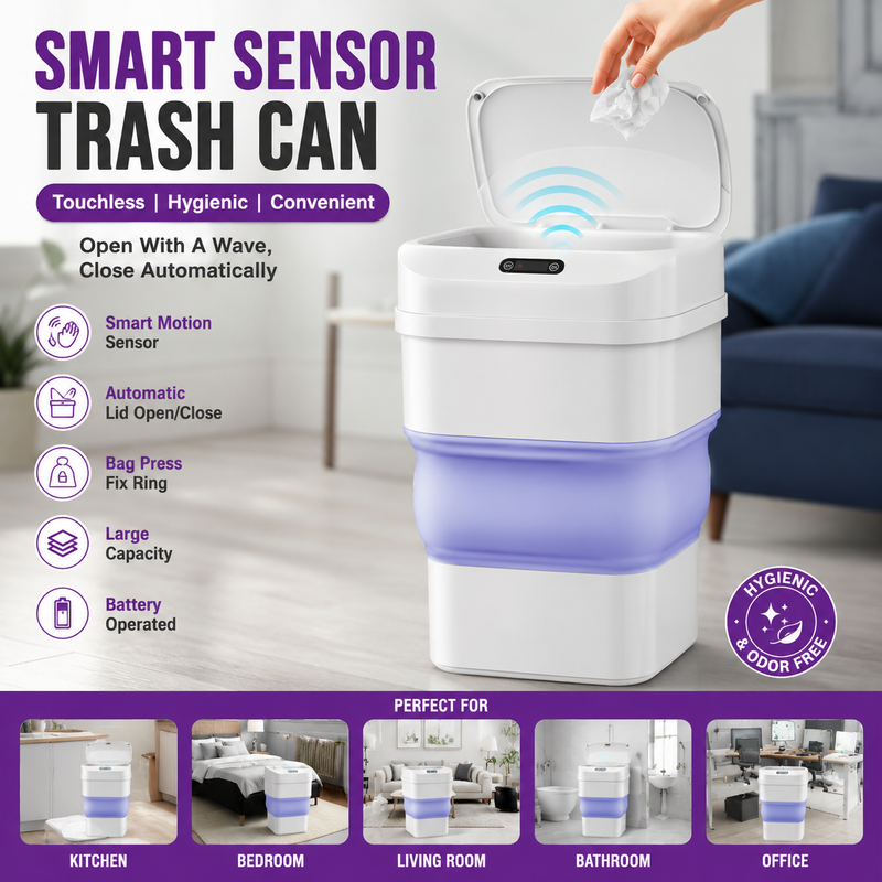 Smart Sensor Folding Infrared Trash Can – Touchless Automatic Lid, 17.5L Collapsible Waste Bin
