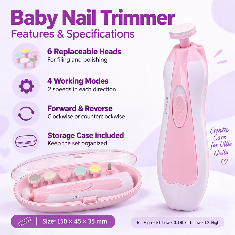 Baby Electric Nail Trimmer Set – 6 Filing Heads & Storage Case