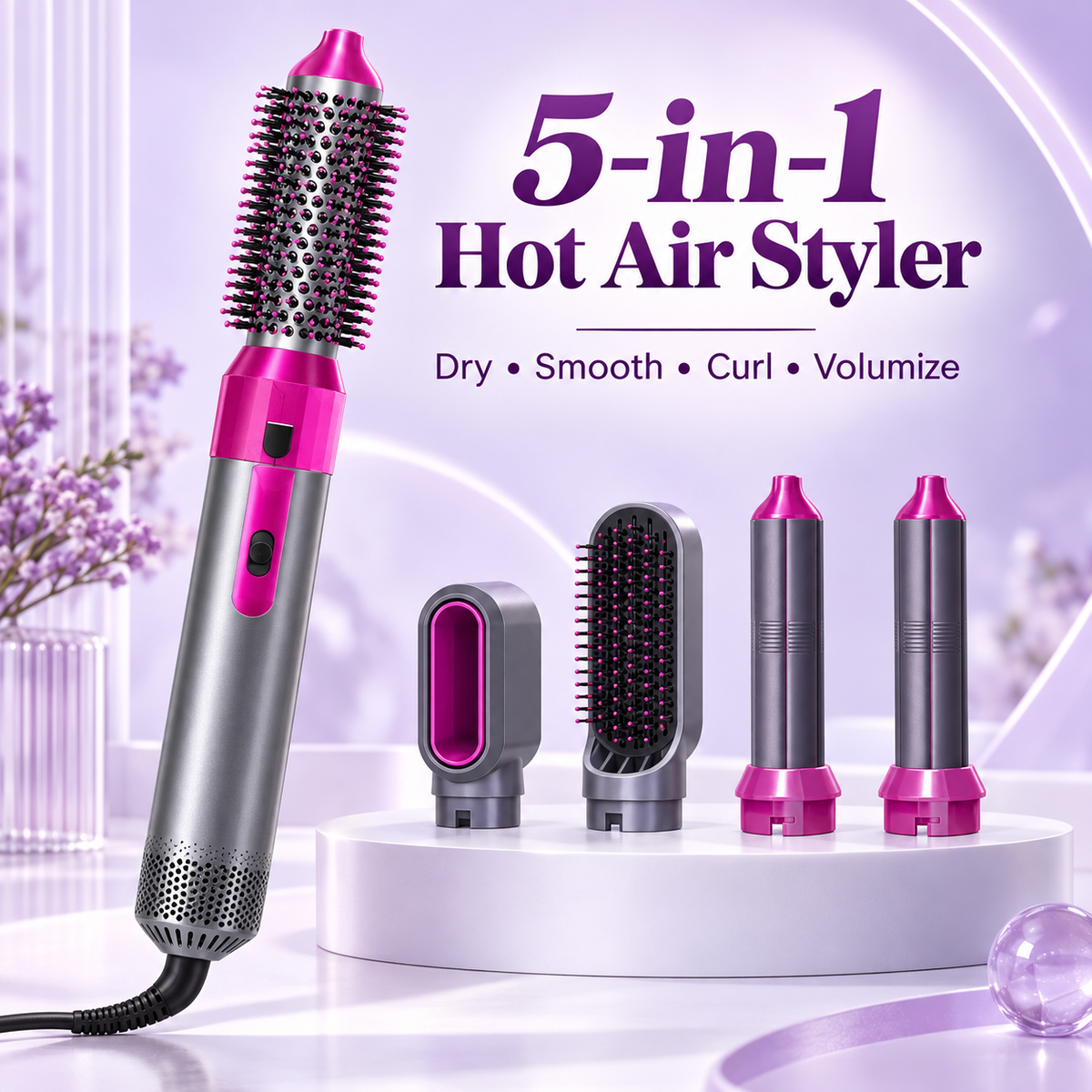 5-in-1 Hot Air Brush & Hair Styler – Ceramic Dryer, Curler & Volumizer