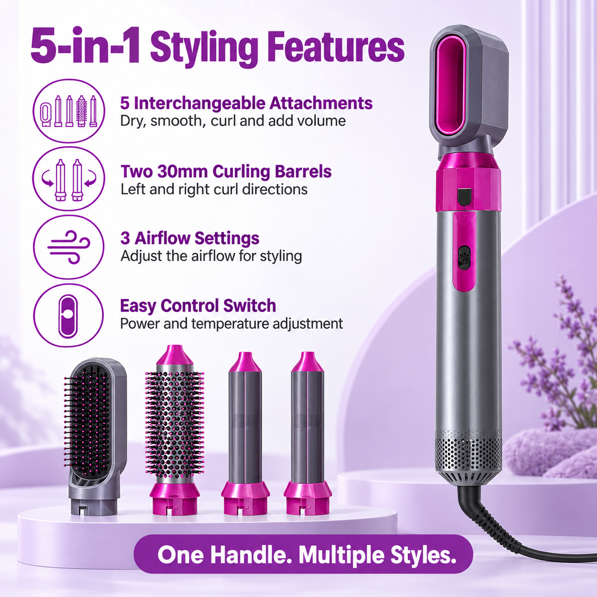 5-in-1 Hot Air Brush & Hair Styler – Ceramic Dryer, Curler & Volumizer