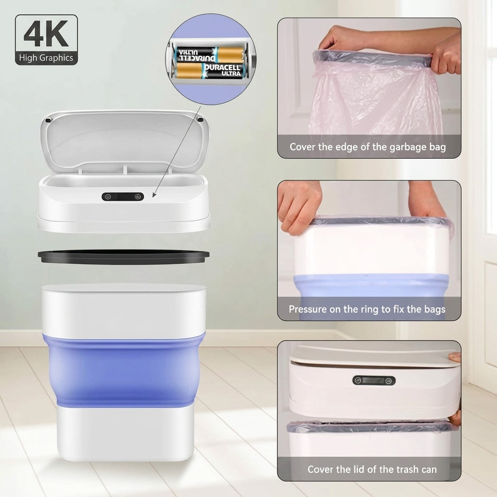 Smart Sensor Folding Infrared Trash Can – Touchless Automatic Lid, 17.5L Collapsible Waste Bin