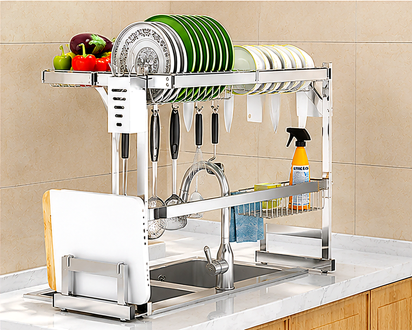95CM Large Multi-Function Dish Drying Rack – Heavy-Duty Stainless Steel Kitchen Sink Organizer & Countertop Space Saver