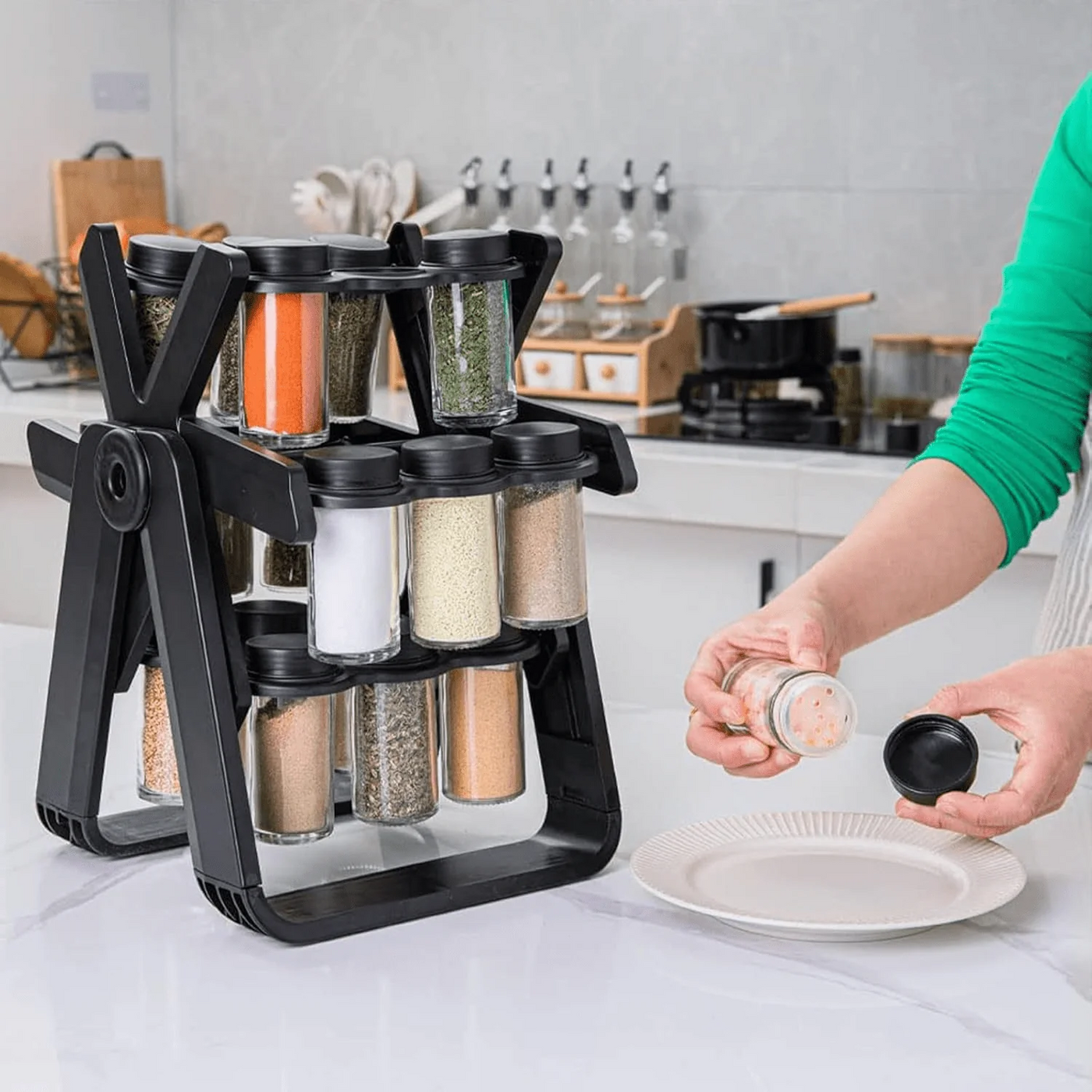 18 Jar Rotating Spice Rack 360° Kitchen Spice Organizer with Transparent Containers Space Saving Seasoning Holder