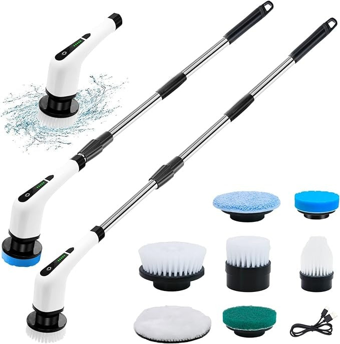 Electric Cleaning Brush – Cordless Spin Scrubber with 8 Replaceable Brush Heads,Extendable Handle for Bathroom, Kitchen & Home Cleaning