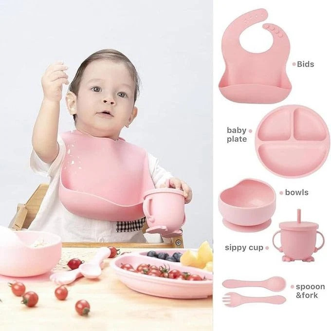 7-Piece Silicone Baby Feeding Set – Suction Plate, Bowl, Bib, Sippy Cup, Spoon & Fork