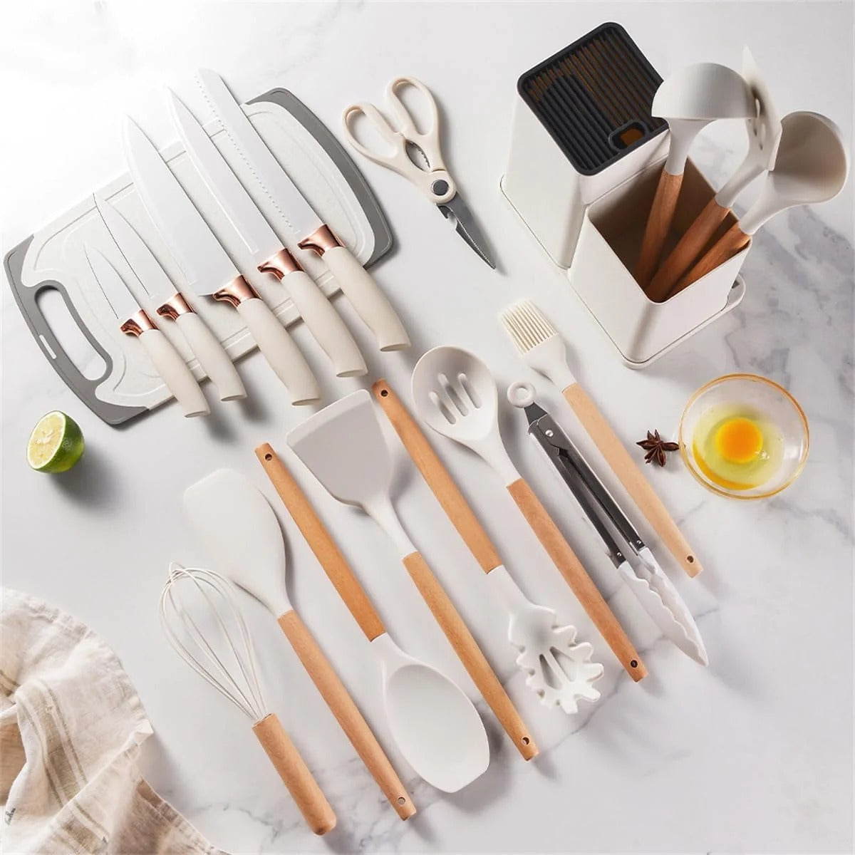 "Complete 19-Piece Kitchen Utensil Set - Chef Knives, Cooking Tools & Storage Organizer"