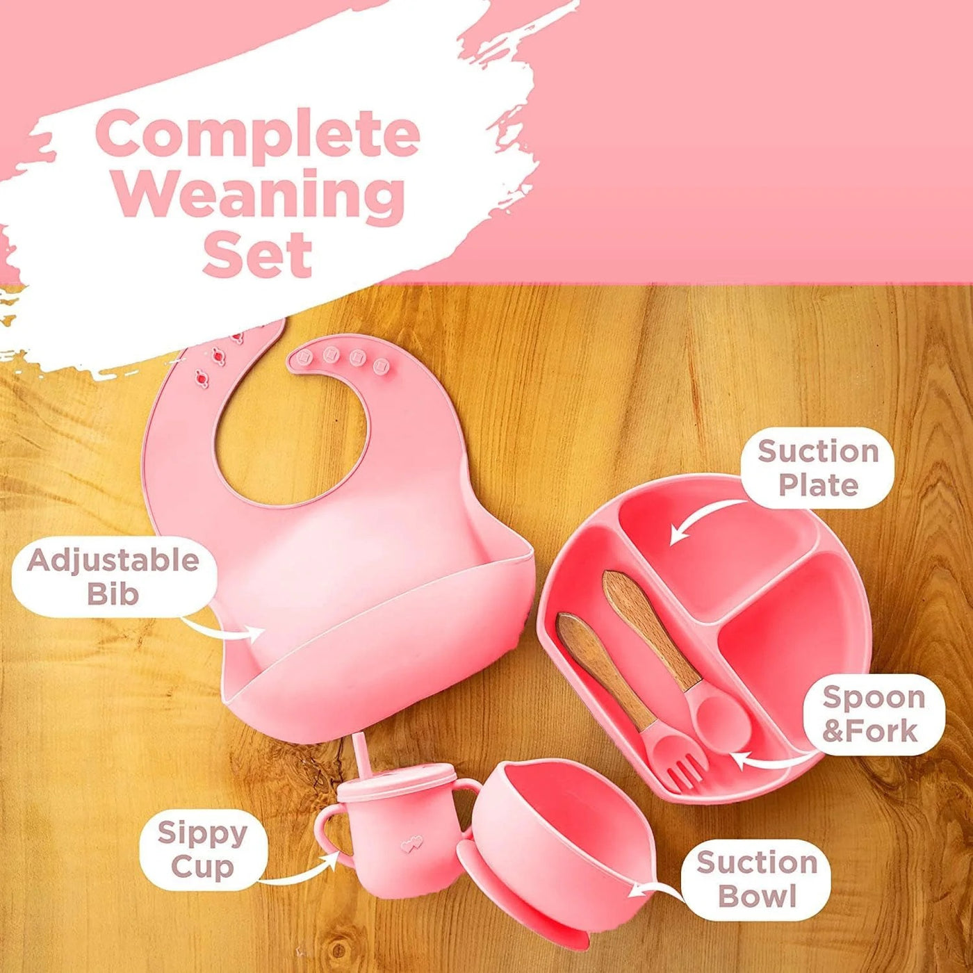 7-Piece Silicone Baby Feeding Set – Suction Plate, Bowl, Bib, Sippy Cup, Spoon & Fork