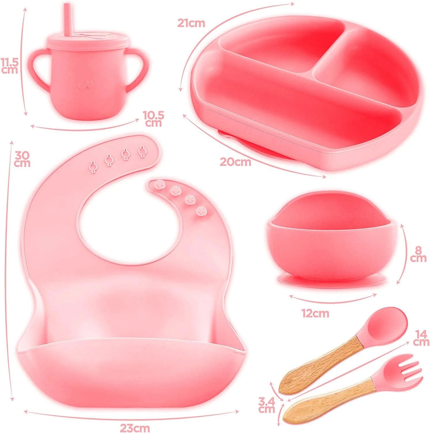 7-Piece Silicone Baby Feeding Set – Suction Plate, Bowl, Bib, Sippy Cup, Spoon & Fork