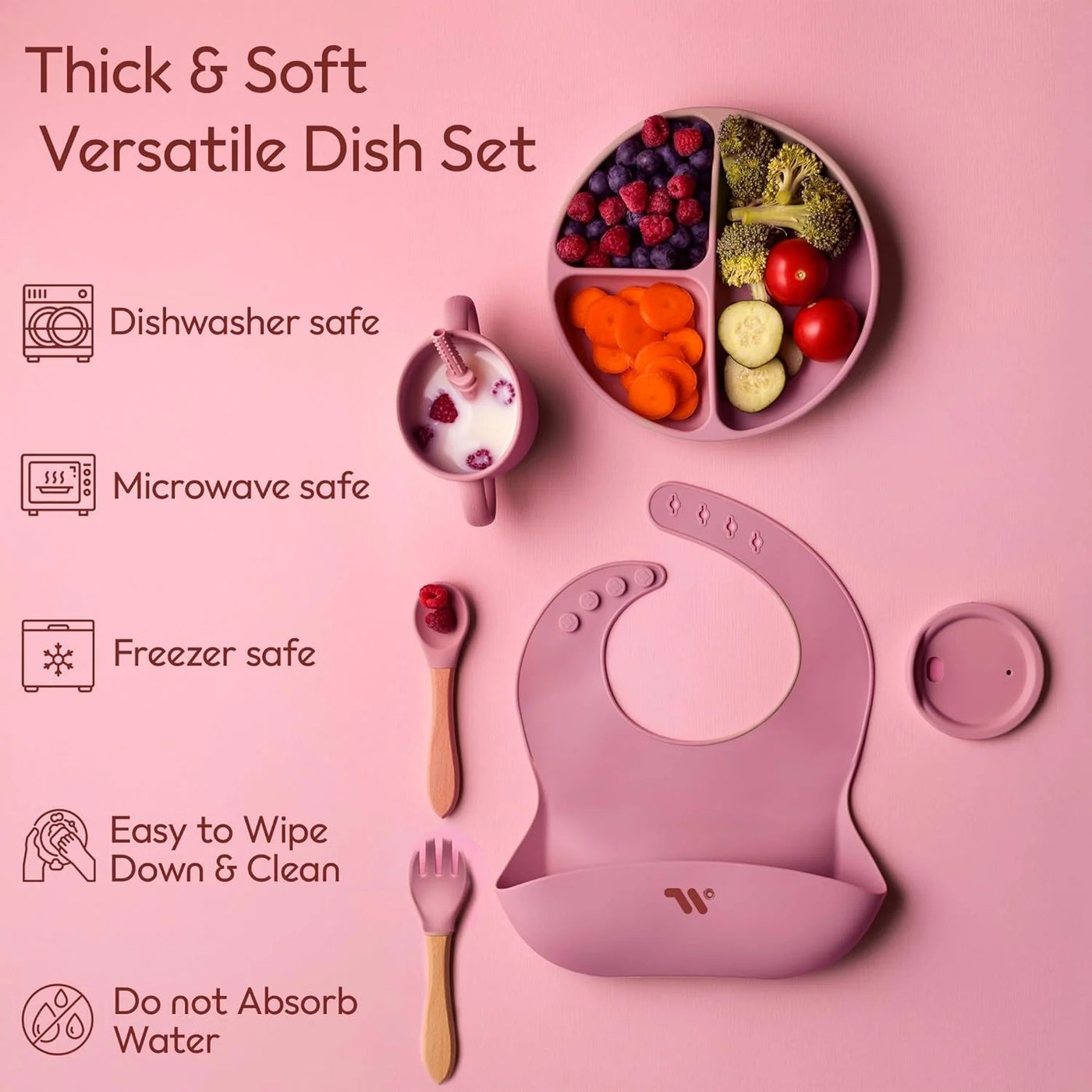 7-Piece Silicone Baby Feeding Set – Suction Plate, Bowl, Bib, Sippy Cup, Spoon & Fork
